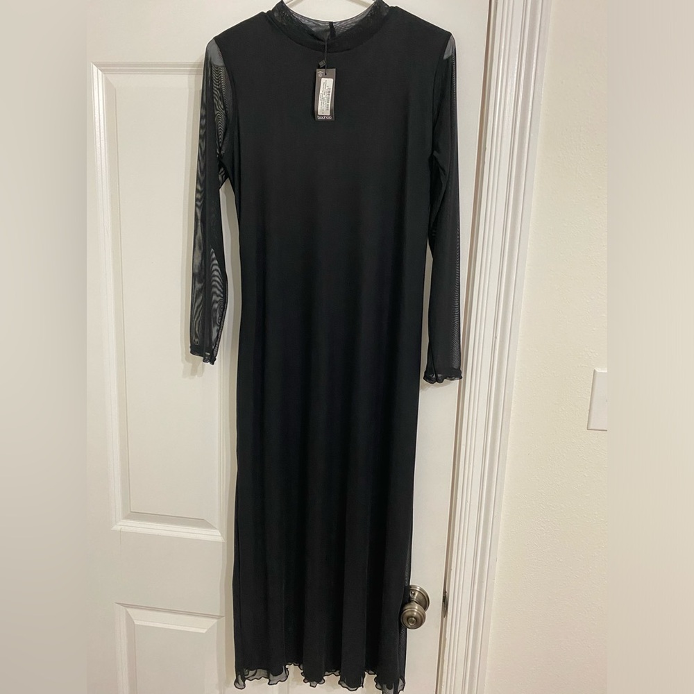 Boohoo maternity high neck mesh midaxi dress (size 10)